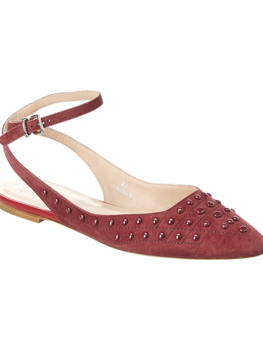 Tod's Burgundy Suede Studded Slingback Flats